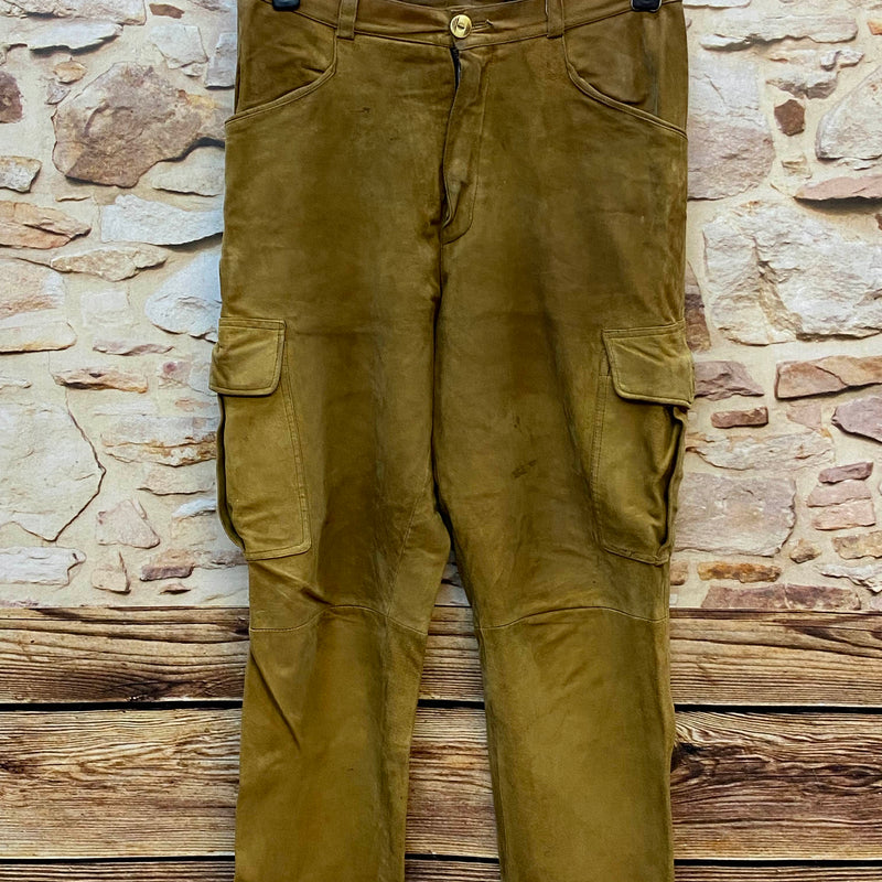 „Lange Lederhose Trachtenhose Größe 48 aus echtem Leder in olivbraun mit Beintaschen“
