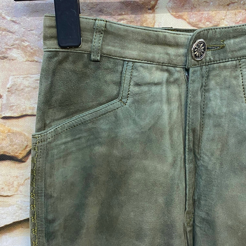 Meindl Damen Lederhose Gr. 36 – lange Trachtenlederhose in Olivgrün aus Leder, Ansicht 3