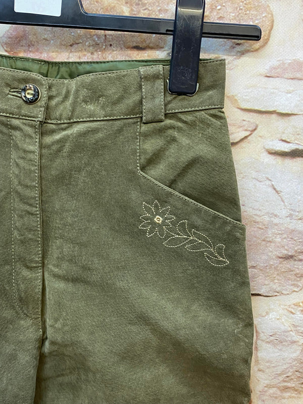 Damen Lederhose Gr. 36 – lange olivgrüne Trachtenlederhose aus Leder