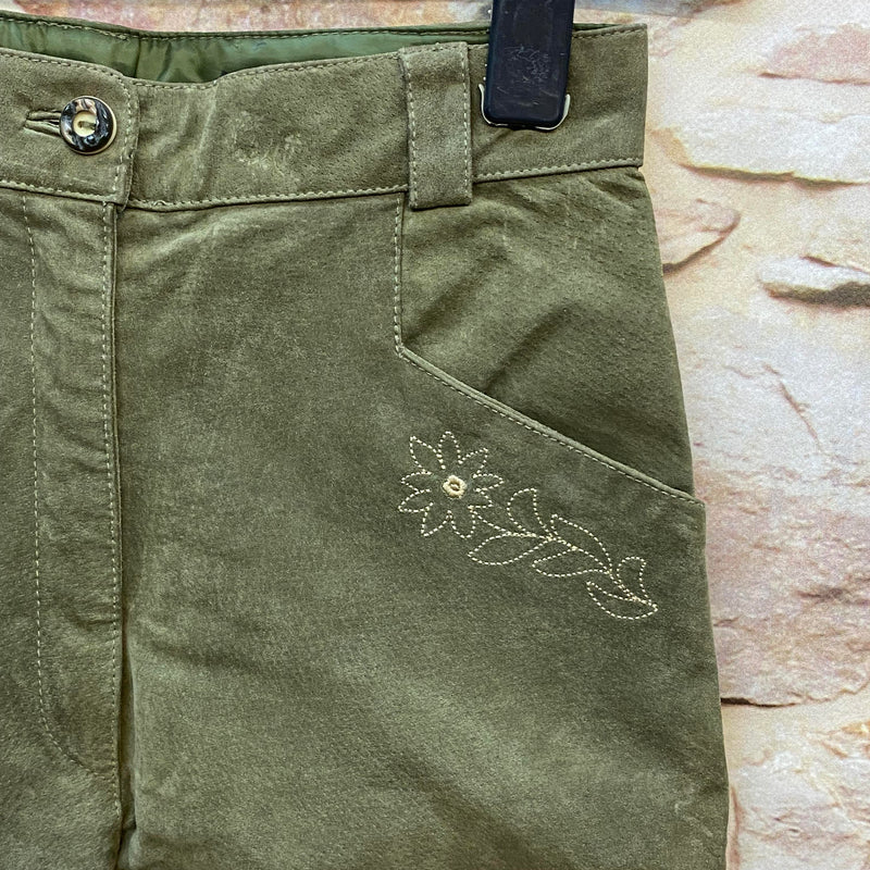 Damen Lederhose Gr. 36 – lange olivgrüne Trachtenlederhose aus Leder