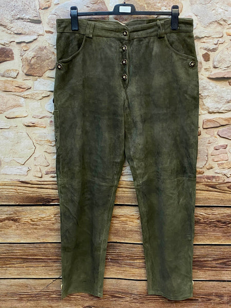 „Lange olivgrüne Trachten Lederhose Herren Gr. 52 aus echtem Leder“