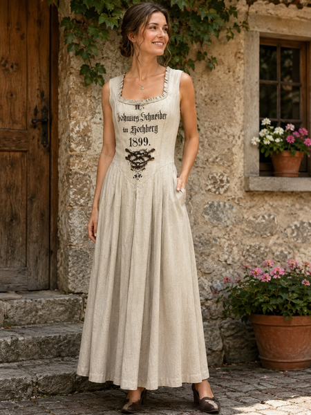 KI-generiertes Bild: Damenmodell trägt langes naturfarbenes Trachtenkleid im Landhausstil mit Schnürung und Schriftprint in rustikaler Umgebung