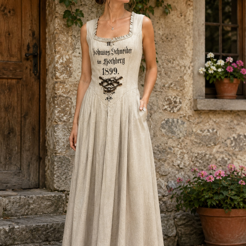 KI-generiertes Bild: Damenmodell trägt langes naturfarbenes Trachtenkleid im Landhausstil mit Schnürung und Schriftprint in rustikaler Umgebung
