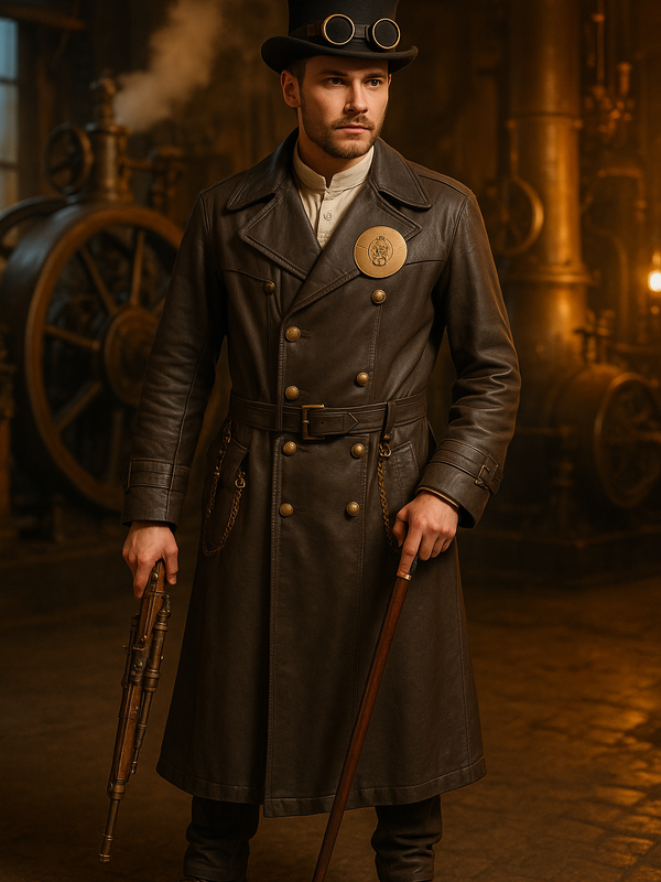 Brauner Ledermantel für Herren im Steampunk Design unikat Größe 52