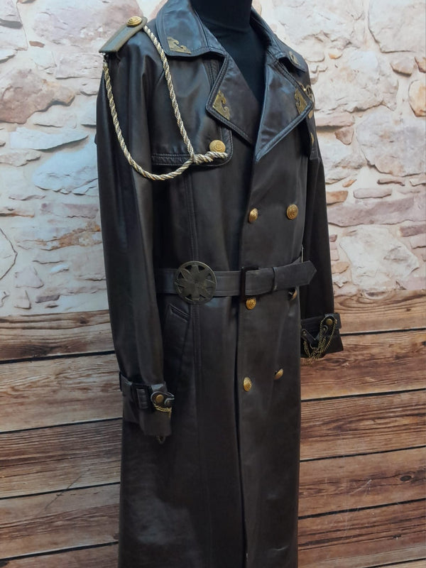 Steampunk-Ledermantel Herren Gr. 28 mit Messing-Zahnrädern und Kettenapplikationen