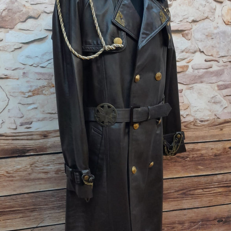 Steampunk-Ledermantel Herren Gr. 28 mit Messing-Zahnrädern und Kettenapplikationen
