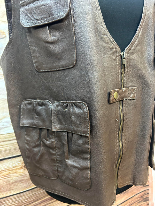 Vintage Leder-Cargo-Weste XXL – Braun