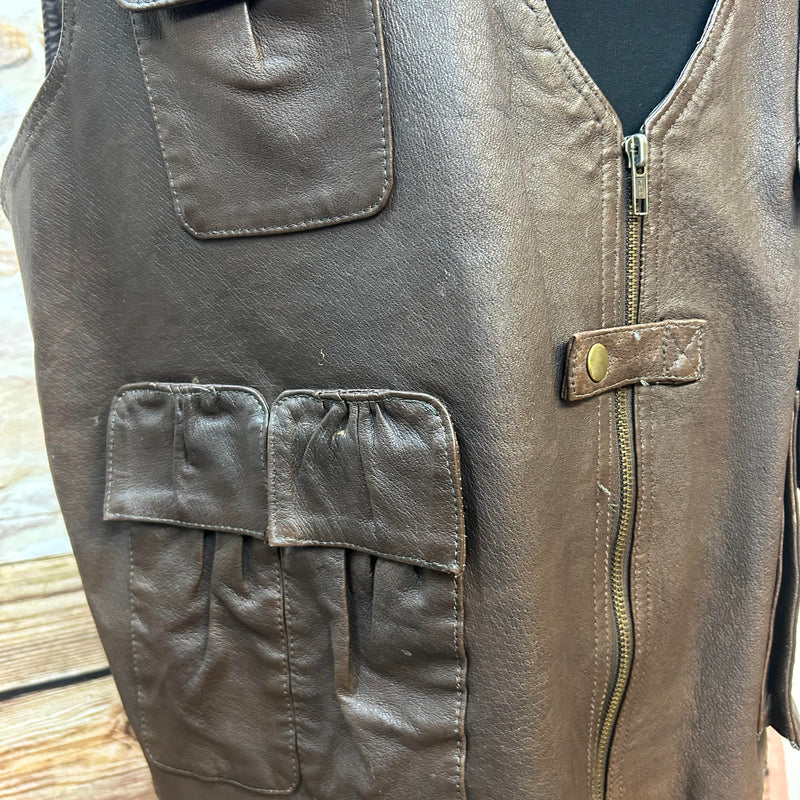 Vintage Leder-Cargo-Weste XXL – Braun