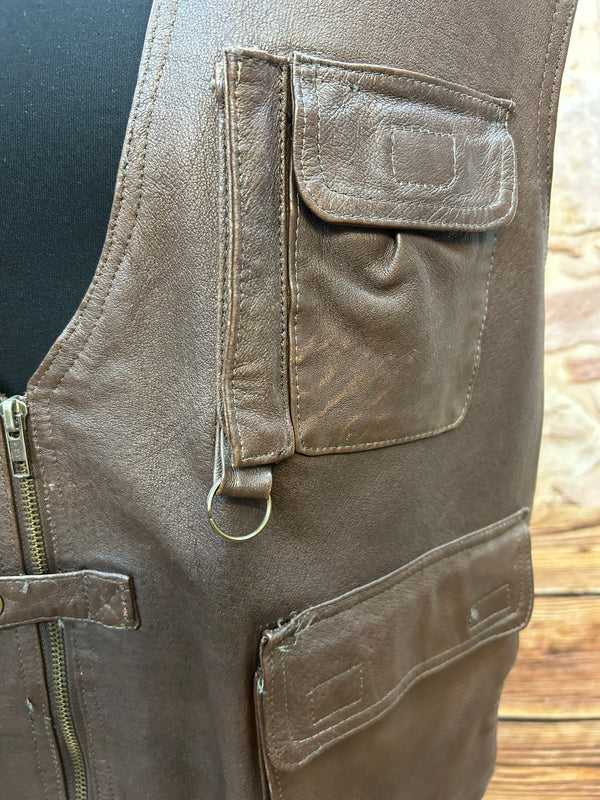 Vintage Leder-Cargo-Weste XXL – Braun