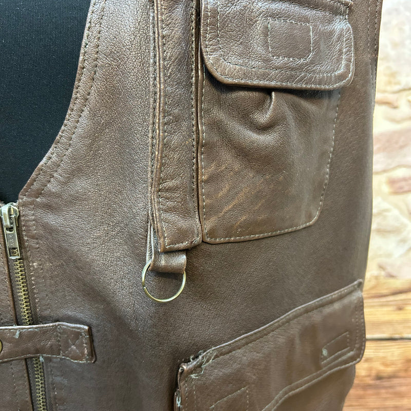 Vintage Leder-Cargo-Weste XXL – Braun