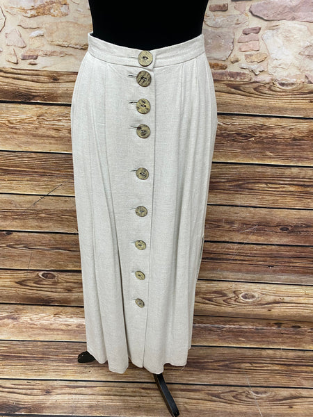 Beiger Leinenrock für Damen Größe 38, wadenlang, mit Knopfleiste vorne und seitlichen Taschen, aus Leinen-Mischgewebe, vintage, guter Zustand.