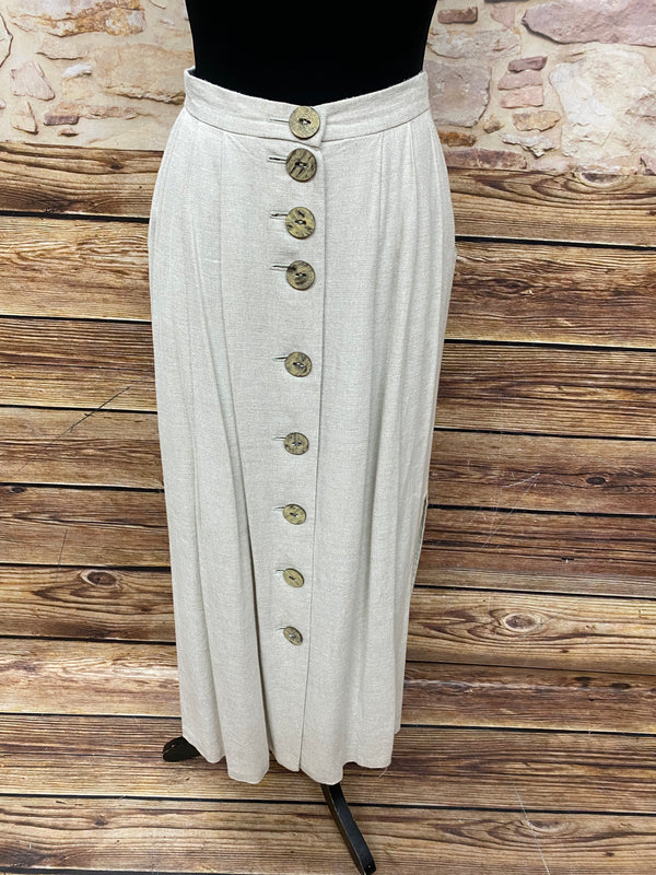 Beiger Leinenrock für Damen Größe 38, wadenlang, mit Knopfleiste vorne und seitlichen Taschen, aus Leinen-Mischgewebe, vintage, guter Zustand.