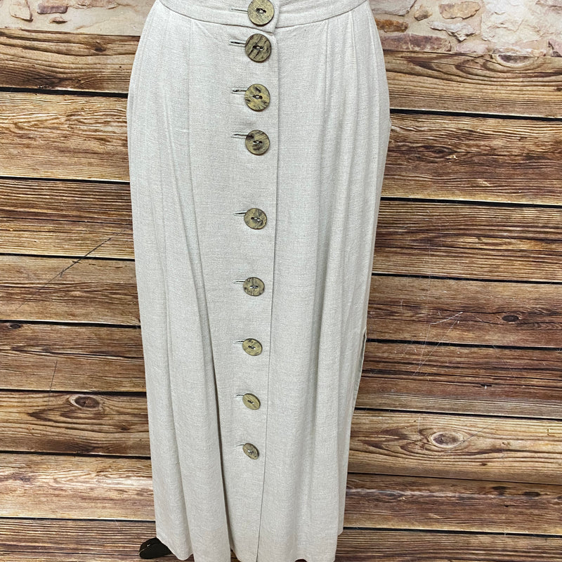 Beiger Leinenrock für Damen Größe 38, wadenlang, mit Knopfleiste vorne und seitlichen Taschen, aus Leinen-Mischgewebe, vintage, guter Zustand.
