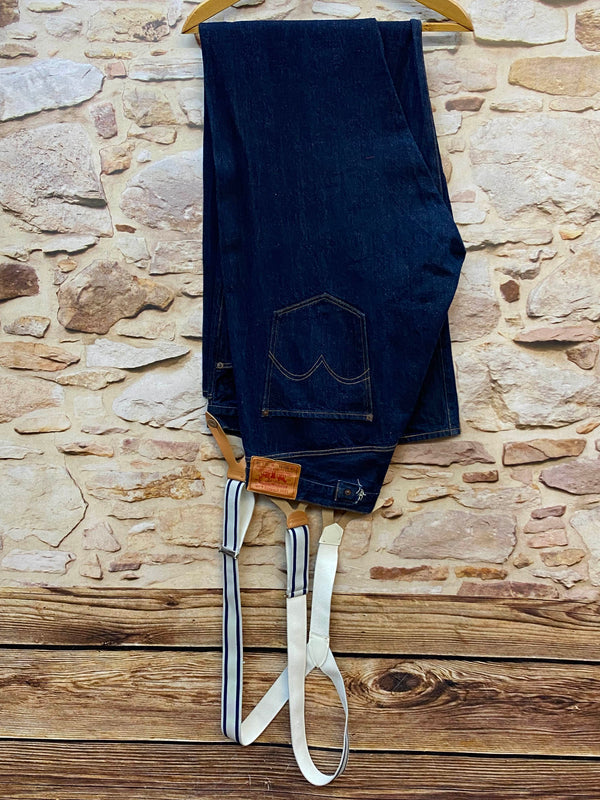 „Levi’s 501 Herren Jeans blau mit Hosenträgern Rockabilly 50er Stil Rückansicht“