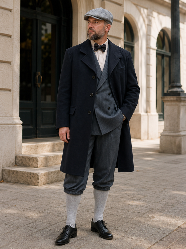 „Echtes Model im dunklen Pierre Cardin Vintage Mantel über einem Knickerbocker-Outfit mit Schiebermütze im Peaky Blinders Stil vor klassischem Gebäude“