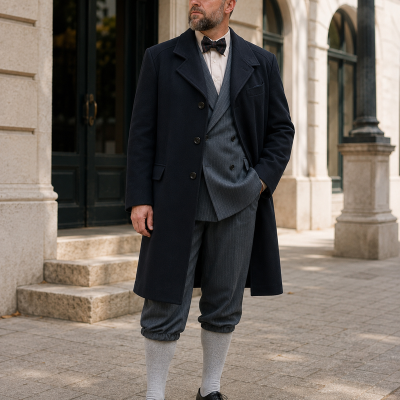 „Echtes Model im dunklen Pierre Cardin Vintage Mantel über einem Knickerbocker-Outfit mit Schiebermütze im Peaky Blinders Stil vor klassischem Gebäude“