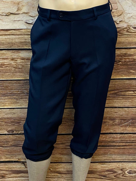 Marineblaue Vintage Knickerbockerhose Größe 52 aus Polyester im 20er-Jahre Golfer-Stil, Bundfalten, elastischer Beinabschluss, sehr guter Zustand.