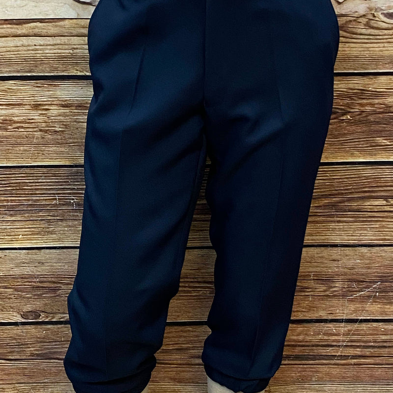 Marineblaue Vintage Knickerbockerhose Größe 52 aus Polyester im 20er-Jahre Golfer-Stil, Bundfalten, elastischer Beinabschluss, sehr guter Zustand.