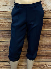 Marineblaue Vintage Knickerbockerhose Größe 52 aus Polyester im 20er-Jahre Golfer-Stil, Bundfalten, elastischer Beinabschluss, sehr guter Zustand.