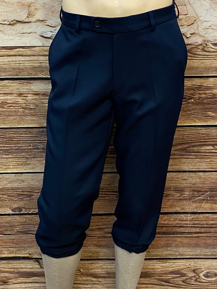 Marineblaue Vintage Knickerbockerhose Größe 52 aus Polyester im 20er-Jahre Golfer-Stil, Bundfalten, elastischer Beinabschluss, sehr guter Zustand.