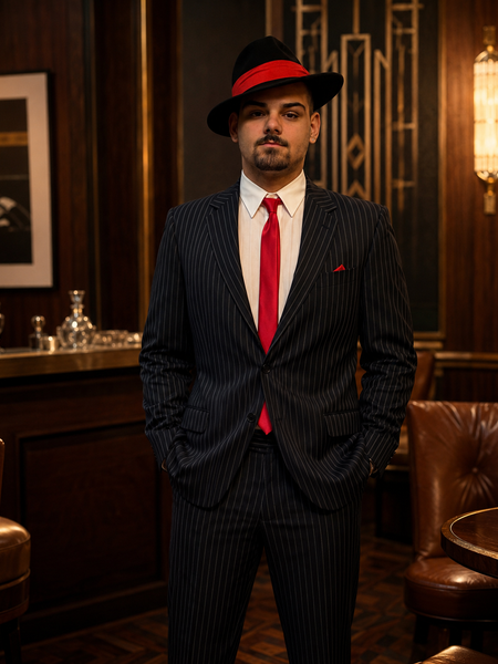Herren Nadelstreifenanzug im 20er Jahre Gatsby Stil mit Hut, weißem Hemd und roter Krawatte in eleganter Art-Déco-Umgebung.