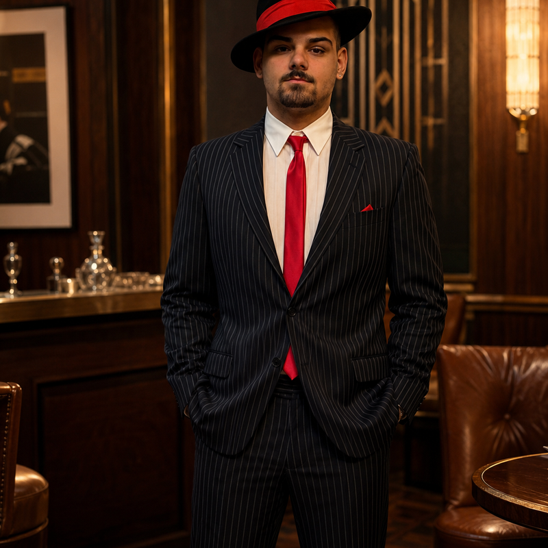 Herren Nadelstreifenanzug im 20er Jahre Gatsby Stil mit Hut, weißem Hemd und roter Krawatte in eleganter Art-Déco-Umgebung.