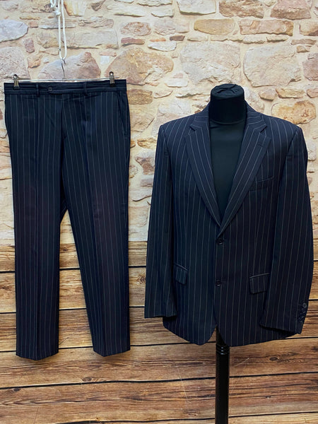 Schwarzer Zara Man Nadelstreifenanzug Herren Gr. 50 aus Wolle mit Sakko und Hose, Vorderansicht