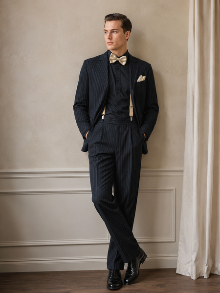 Vintage Herren Nadelstreifenanzug in Schwarz mit cremefarbenen Accessoires, getragen von einem echten Model vor ruhigem Hintergrund