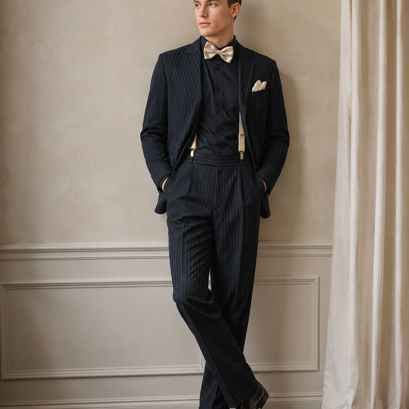 Vintage Herren Nadelstreifenanzug in Schwarz mit cremefarbenen Accessoires, getragen von einem echten Model vor ruhigem Hintergrund