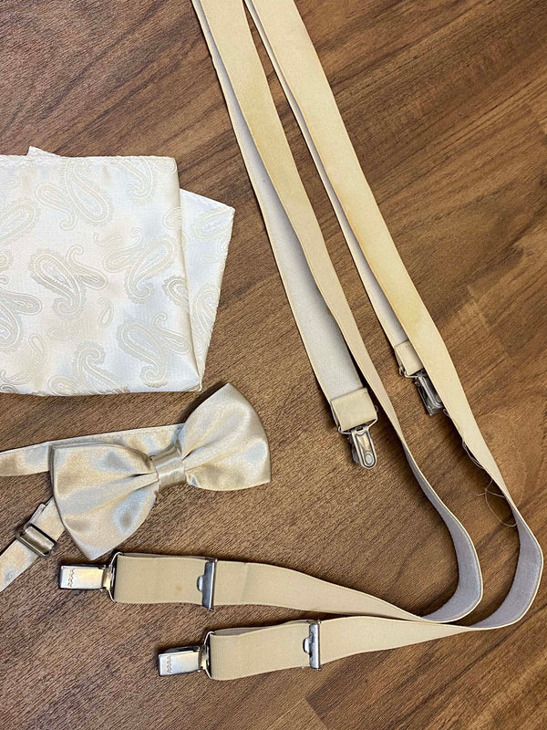 Cremefarbenes Accessoire Set mit Fliege Hosenträgern und Einstecktuch für Herren