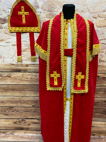 „Nikolaus Bischofskostüm XL in Rot und Gold mit Stola und Kopfbedeckung – festlich und hochwertig.“