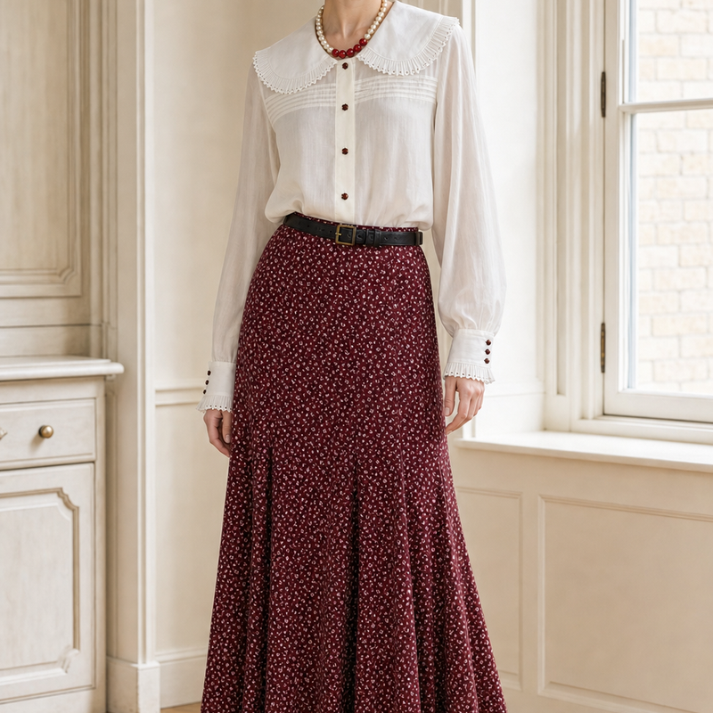 Frau im Oldtimer-Outfit der 20er-Jahre mit weißer Vintagebluse, burgunderrotem Blumenrock und grauem Cloche-Hut.