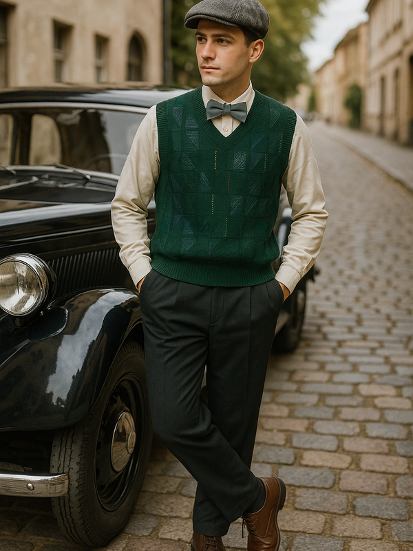 Komplettes Vintage-Herren-Outfit der 20er Jahre: cremefarbenes Hemd, schwarze Bundfaltenhose, dunkelgrüner Pullunder, graue Fliege und Patchwork-Schiebermütze.