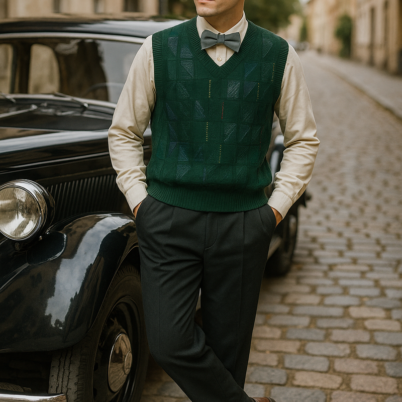 Komplettes Vintage-Herren-Outfit der 20er Jahre: cremefarbenes Hemd, schwarze Bundfaltenhose, dunkelgrüner Pullunder, graue Fliege und Patchwork-Schiebermütze.