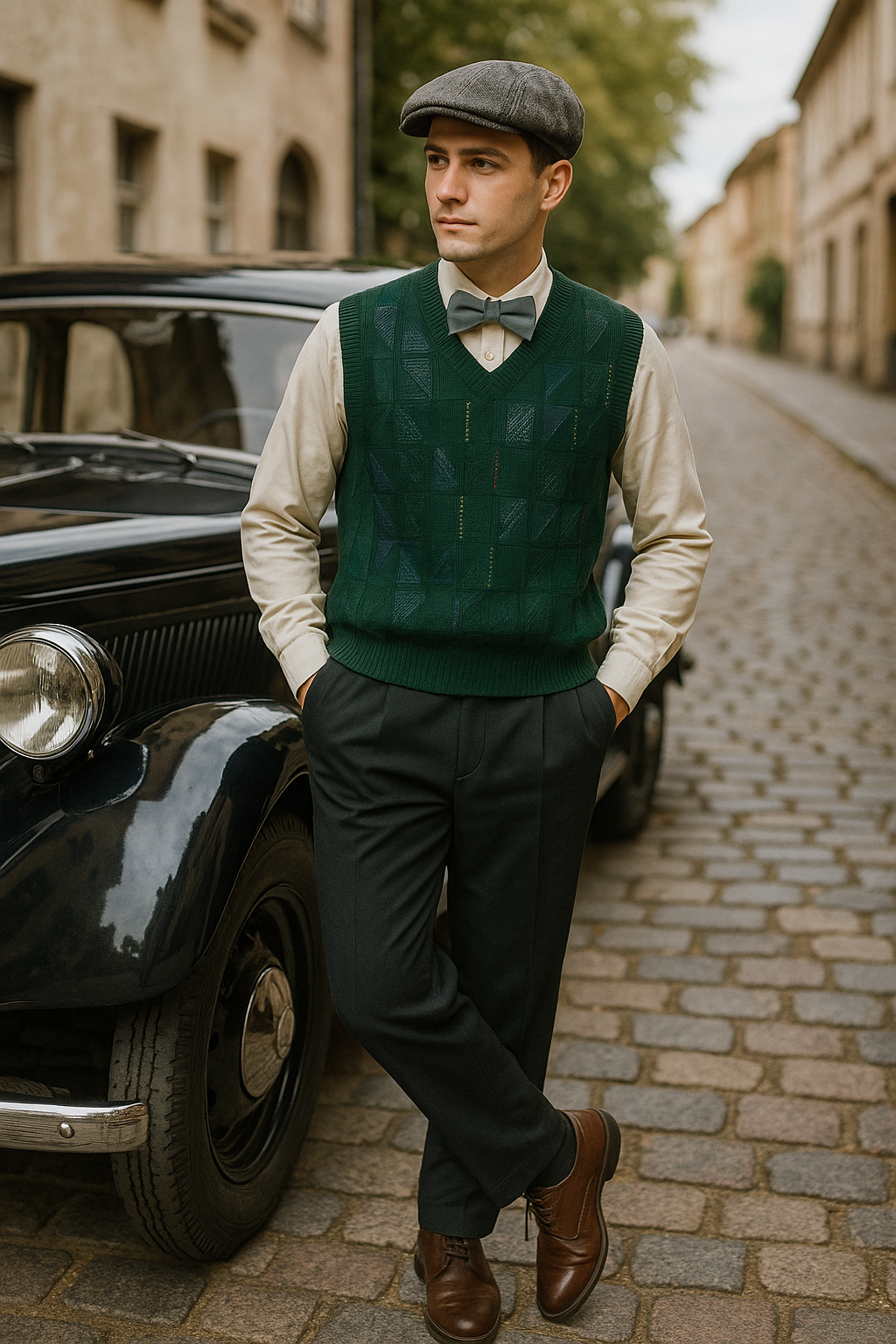 Komplettes Vintage-Herren-Outfit der 20er Jahre: cremefarbenes Hemd, schwarze Bundfaltenhose, dunkelgrüner Pullunder, graue Fliege und Patchwork-Schiebermütze.
