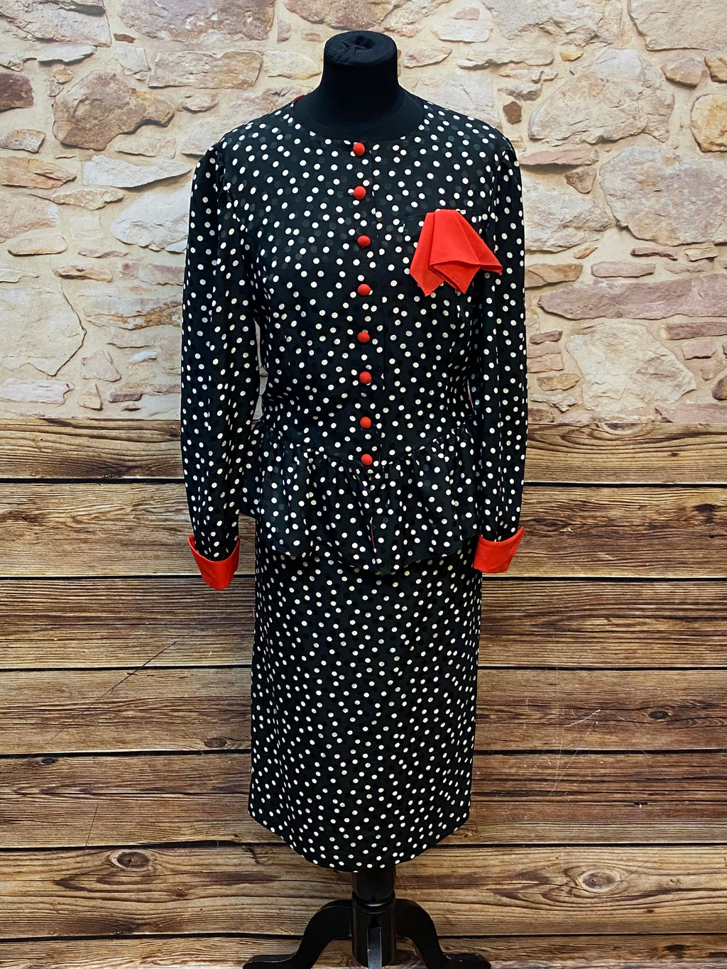 60er Jahre Vintage-Kostüm mit Polka-Dot-Muster Gr.38