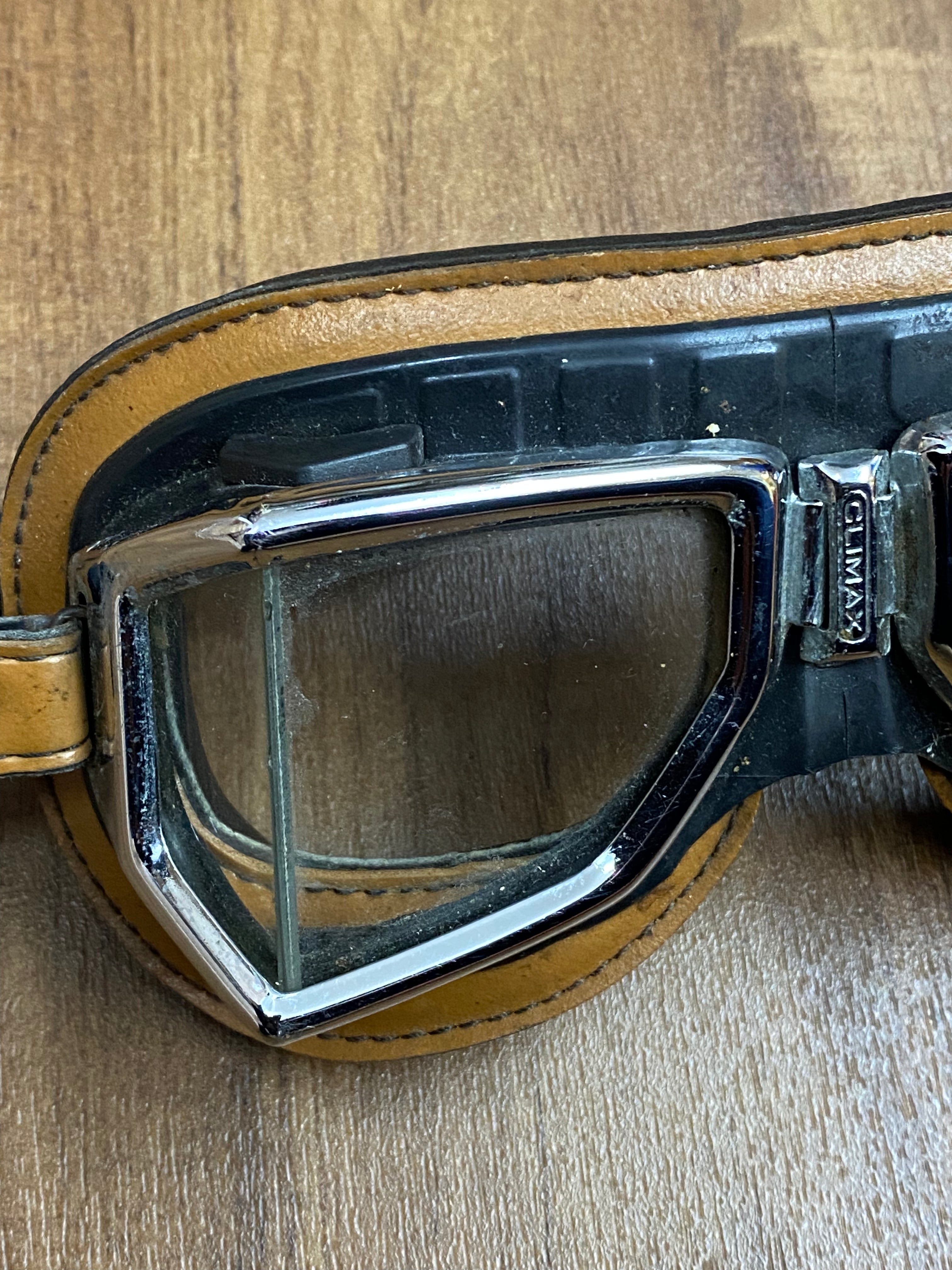 CLIMAX Oldtimer Motorradbrille Fliegerbrille Leder braun Vintage