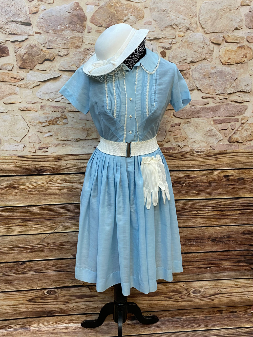 Vintage Kleid  Oldtimer Mode hellblau Gr.34/36, mit Hut und Handschuhen