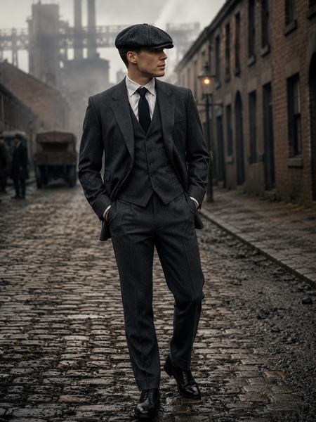 „Eleganter Herr im dunkelgrauen Nadelstreifenanzug mit Weste, schwarzer Krawatte und Schiebermütze im 20er-Jahre Stil vor historischer Straße mit Peaky-Blinders-Atmosphäre.“