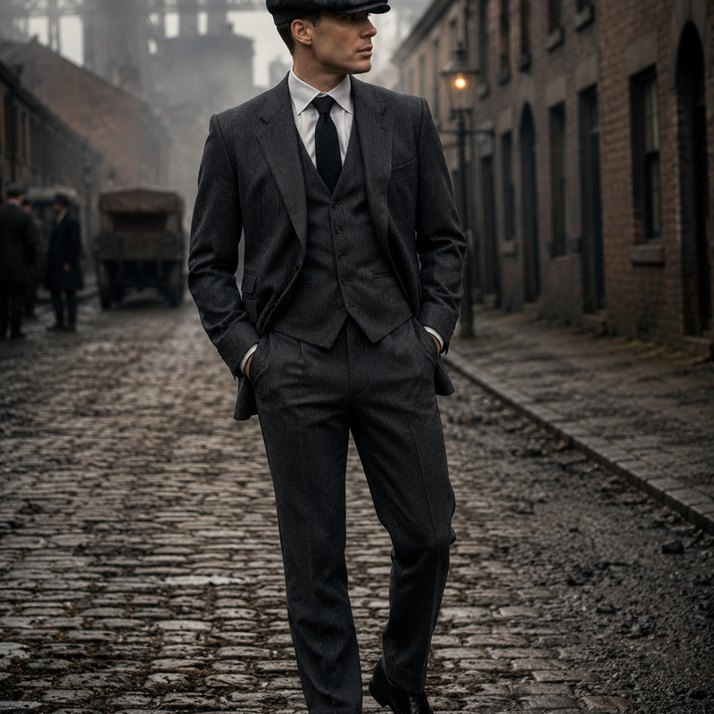 „Eleganter Herr im dunkelgrauen Nadelstreifenanzug mit Weste, schwarzer Krawatte und Schiebermütze im 20er-Jahre Stil vor historischer Straße mit Peaky-Blinders-Atmosphäre.“