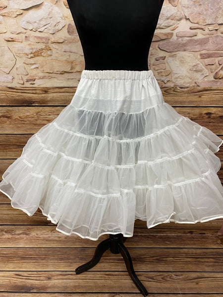 Weißer, zweilagiger Petticoat aus Polyester, 55 cm lang, Gr. 36–38, mit elastischem Gummibund, bauschig und kratzfrei.