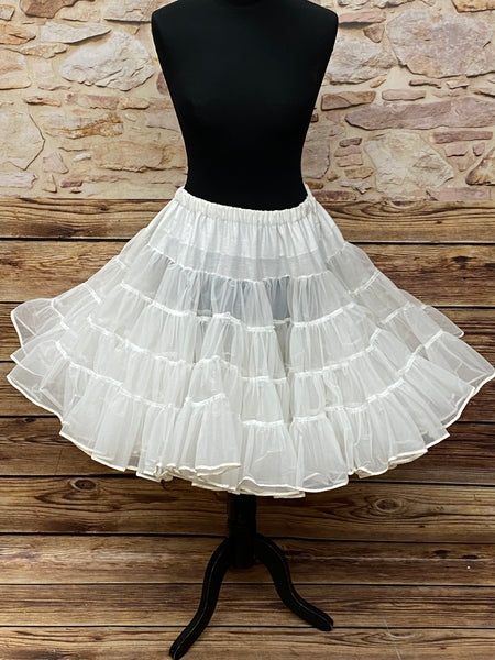 Weißer, zweilagiger Petticoat aus Nylon (Gr. M-L, 54 cm Länge) mit elastischem Bund, bauschig im 50er-Jahre-Stil.