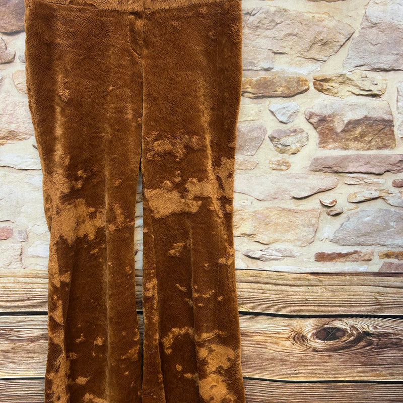 Karamellbraune Plüsch-Schlaghose Gr. S von Pimkie, velourartiges Teddy-Material, Y2K-Vintage, Taillenweite 38 cm, Länge 97 cm