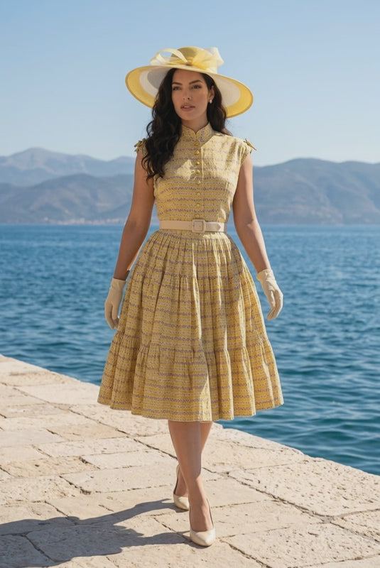 Gelbes 50er Jahre True Vintage Kleid Gr. 38 mit Strohhut, Gürtel und Handschuhen