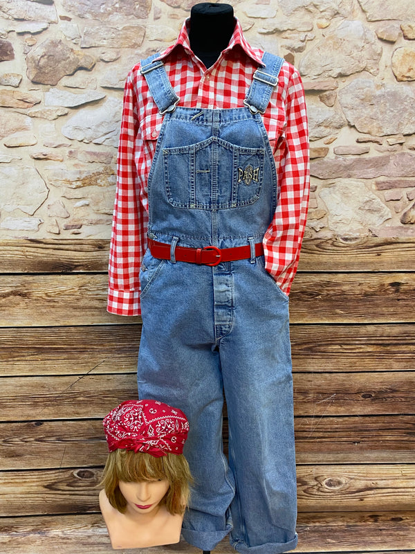 Vintage Rockabilly Latzhosen-Set mit kariertem Hemd und Bandana Gr.38