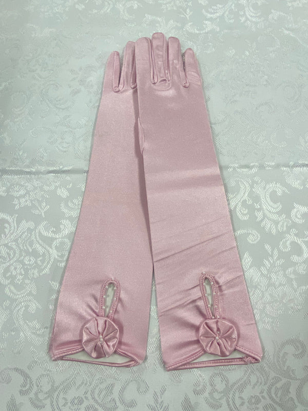 „Rosa lange Charleston Handschuhe im Satin-Look mit Perlendetail für 20er-Jahre-Outfits“