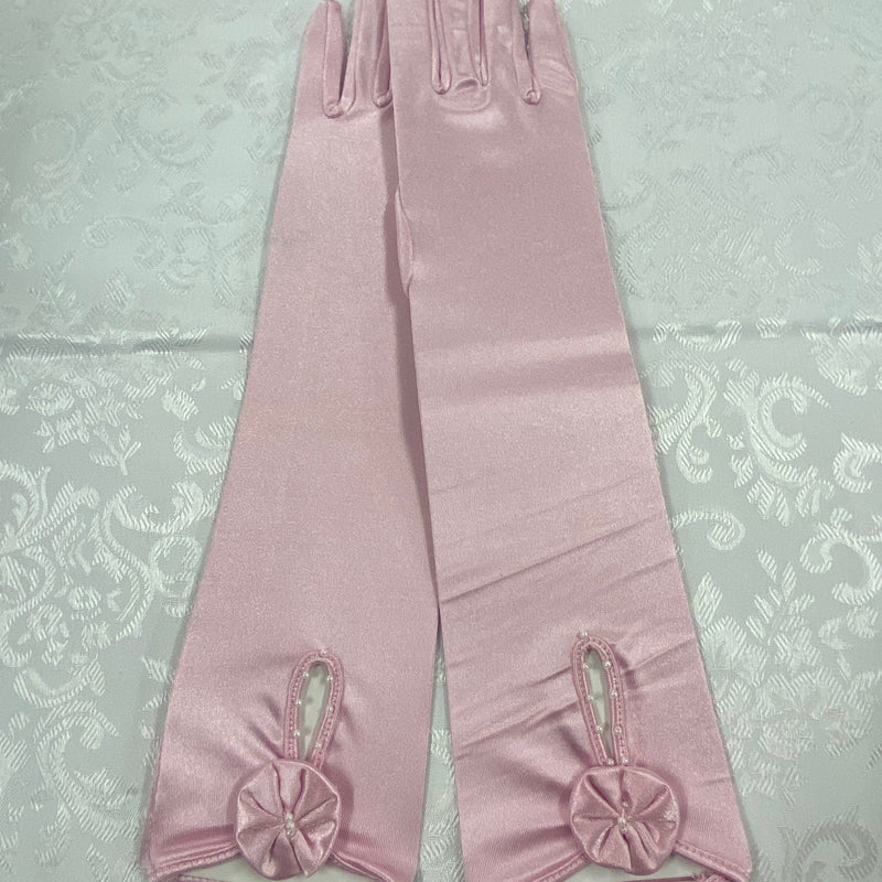 „Rosa lange Charleston Handschuhe im Satin-Look mit Perlendetail für 20er-Jahre-Outfits“
