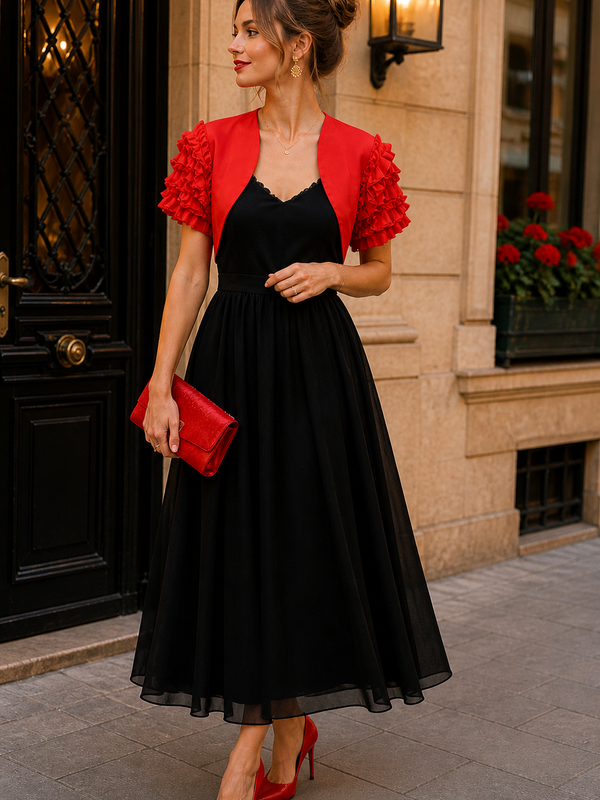 „Elegantes Tragebeispiel mit roter Vintage Bolero Jacke kombiniert zu schwarzem Kleid und roten Accessoires im City Look“