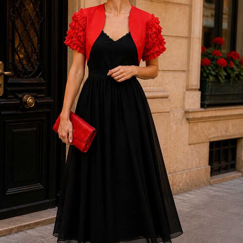 „Elegantes Tragebeispiel mit roter Vintage Bolero Jacke kombiniert zu schwarzem Kleid und roten Accessoires im City Look“