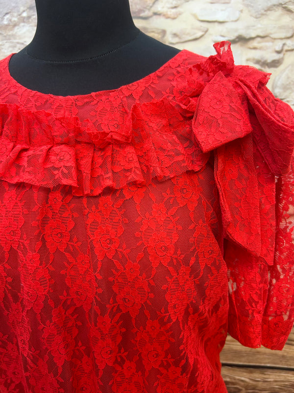 Vintage Spitzen-Maxikleid in Rot – Gr. 44